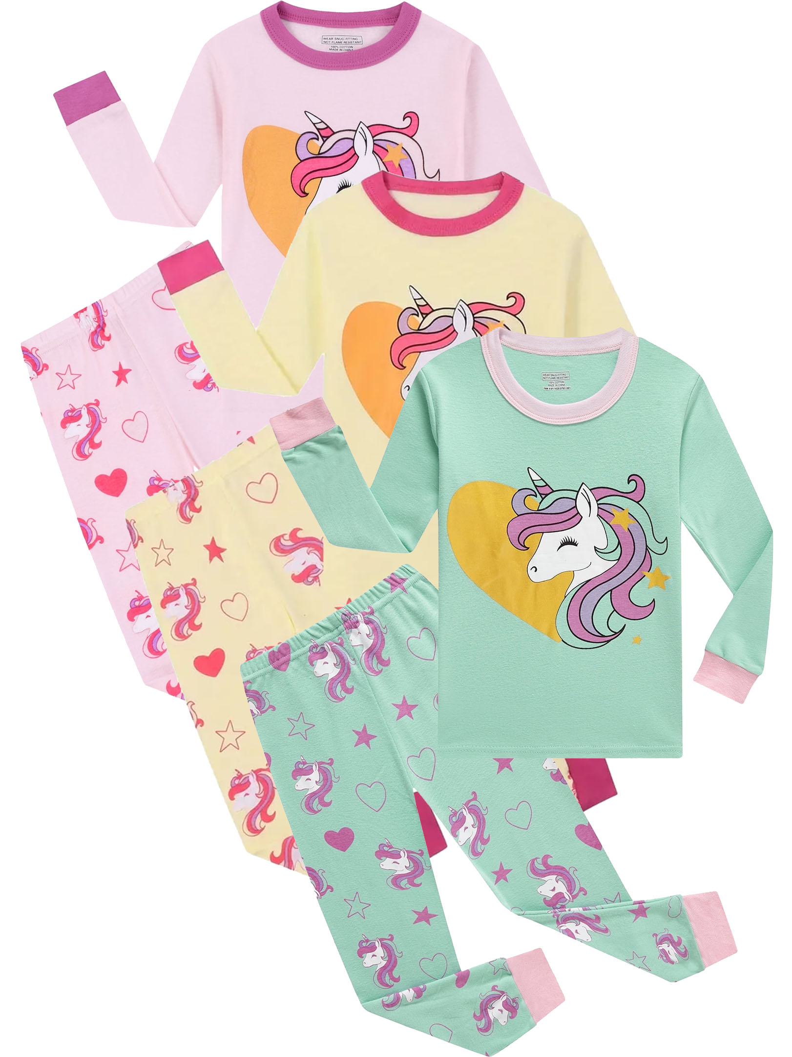 SXIMEE 3-8T Long Sleeve Snug Fit Pajamas for Girls 100% Cotton Sleepwear,Tops and Pants 2-Piece PJ Set, Unicorn Pattern